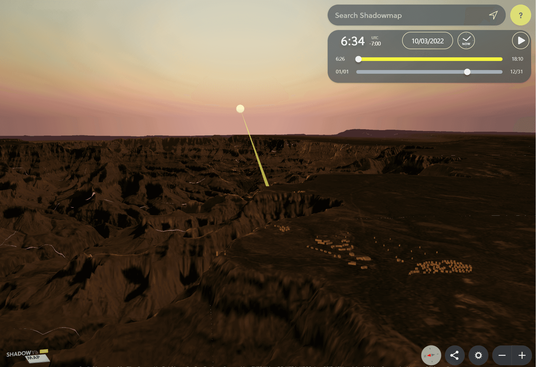 Screenshot of a visualization of the Grand Canyon in Shadowmap Pro